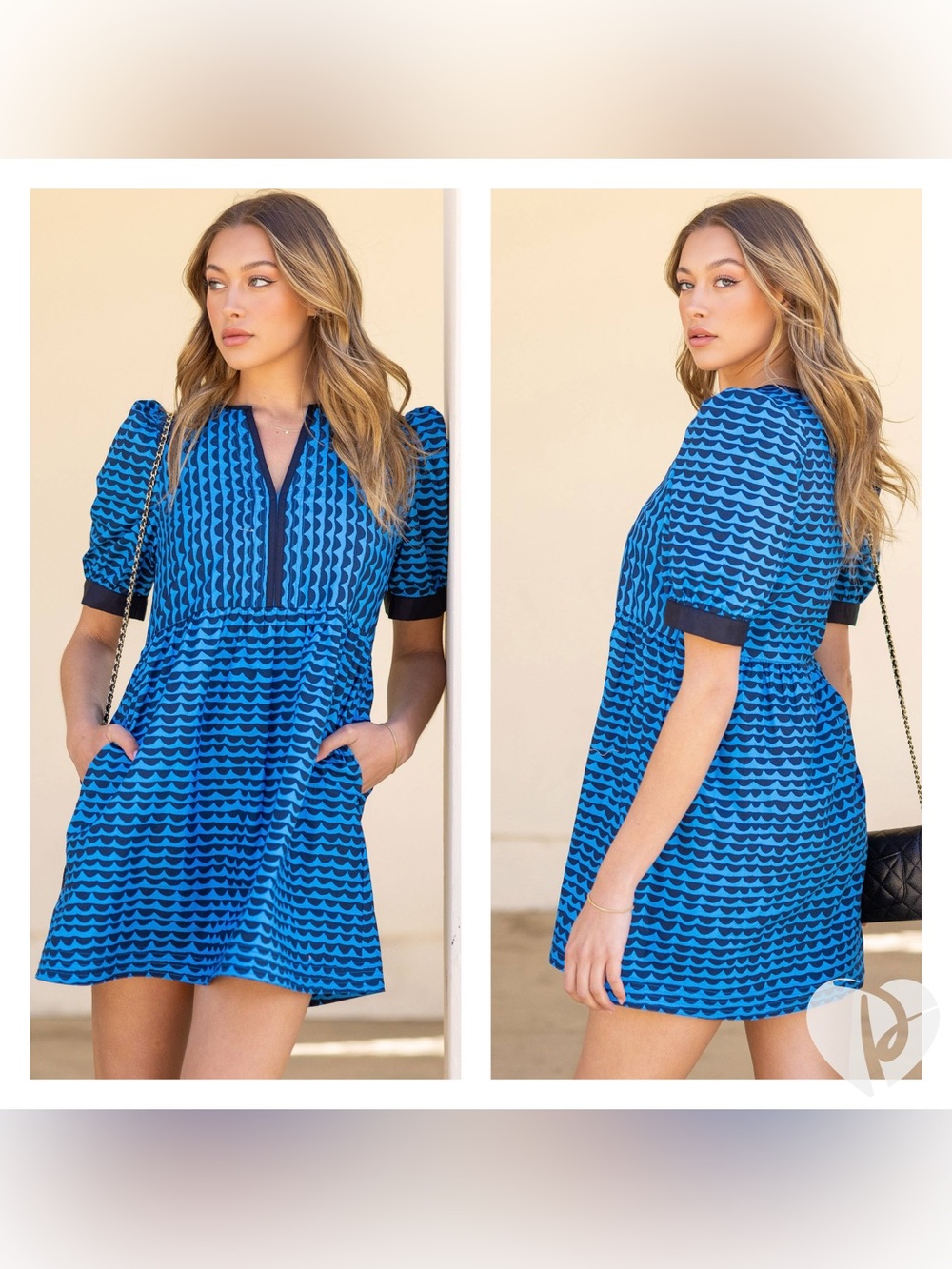 STRUT & BOLT - SCALLOP PRINT PUFF SLEEVE MINI DRESS BLUE & BLACK COTTON Sz S
